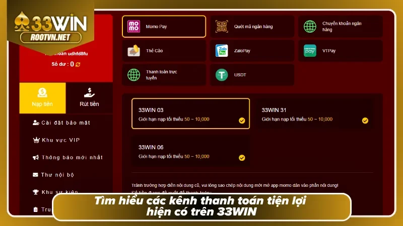 Khám phá các kênh nạp tiền 33WIN tiện lợi